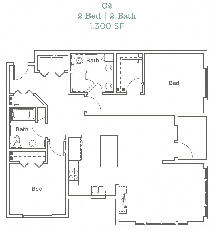 Floor plan for 2 beds, 2 baths, 1300 sqft